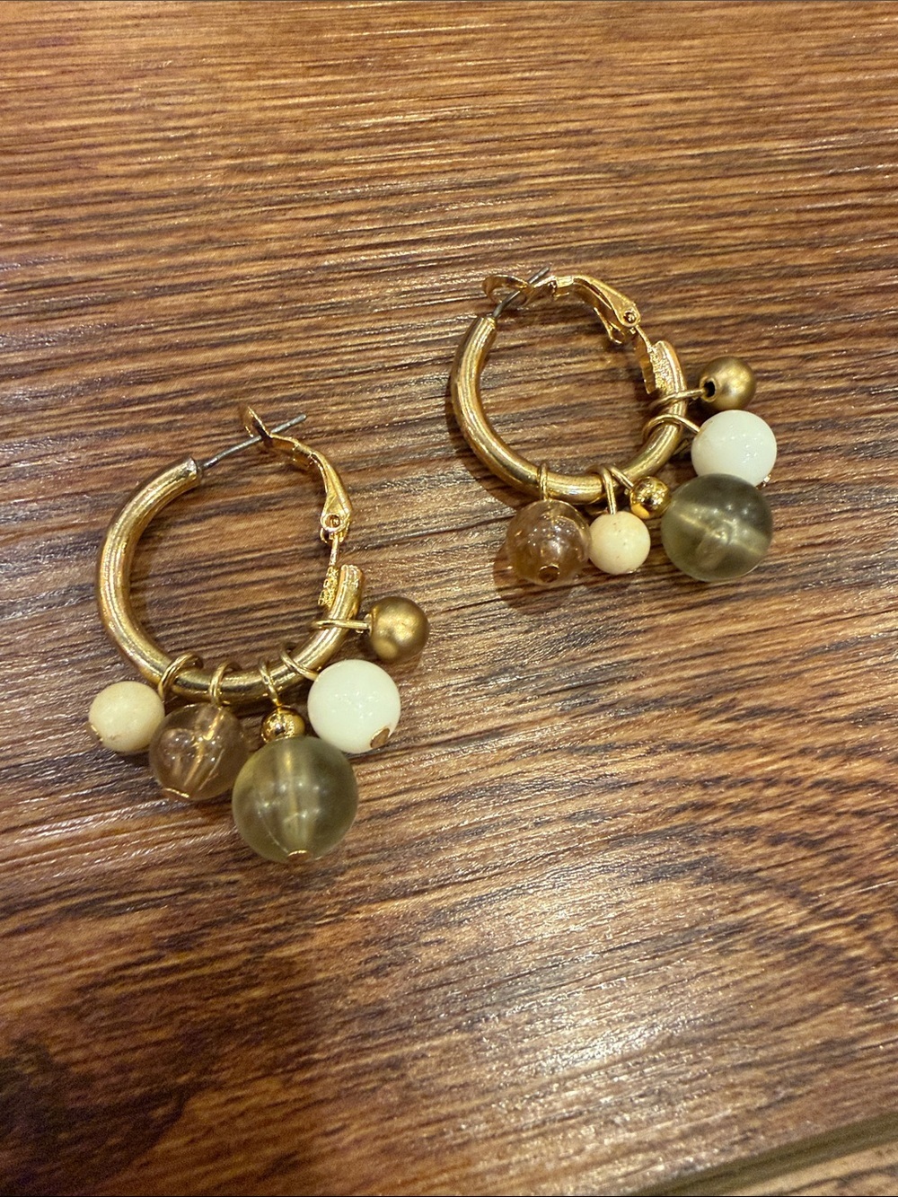 Gold Hoop Earrings with Green and Cream Beads